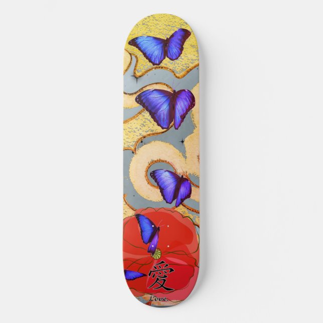 SKATEBORD MED BUTTERFLIES OCH POPPY KANJI KÄRLEK MINI SKATEBOARD BRÄDA 18,5 CM (Framsida)