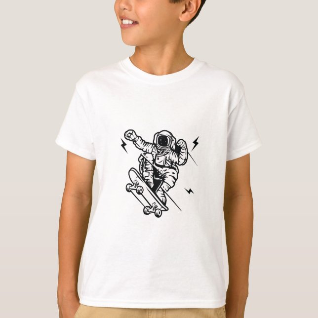 Skater Astronaut Svart Linje Art T-Shirt (Framsida)