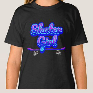 Skater Girl Blue Mauve Graffiti Glow Skateboard T- T Shirt