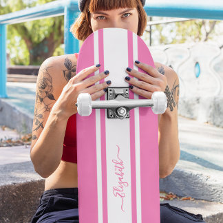 Skater Girl Rosa White Tävla Rand Monogrammed Mini Skateboard Bräda 18,5 Cm