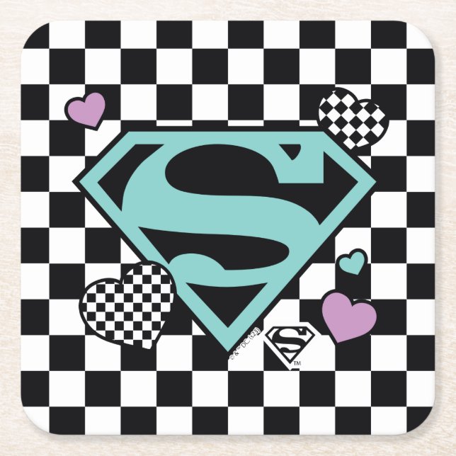 Skater Girl Supergirl Hearts S-Shield Underlägg Papper Kvadrat (Framsidan)