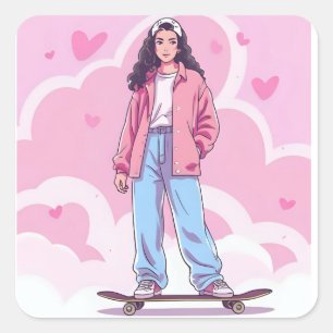 Skater Girl Vibes - Pastel Aesthetic Collage Fyrkantigt Klistermärke