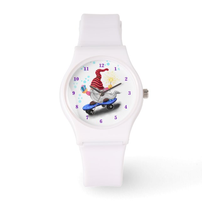 Skater Gnome vid julbevakningen, Lycklig, med gåvo Armbandsur (Framsida)