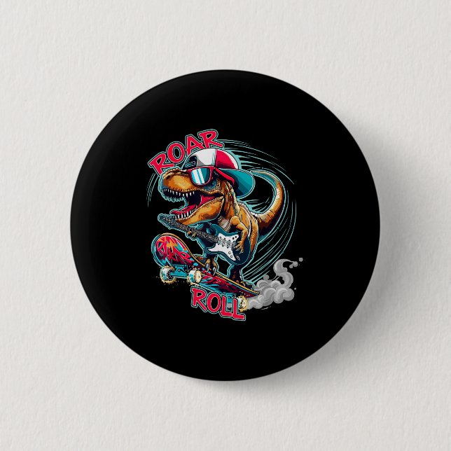 Skater Guitar T-rex Roar Roll Dinosaur For Boys Me Knapp (Framsida)