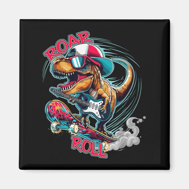 Skater Guitar T-rex Roar Roll Dinosaur For Boys Me Magnet (Framsidan)