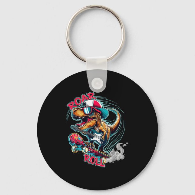 Skater Guitar T-rex Roar Roll Dinosaur For Boys Me Nyckelring (Framsida)