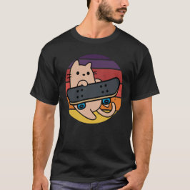Skater Katt med Skateboard Vintage Solnedgång T-Sh T Shirt