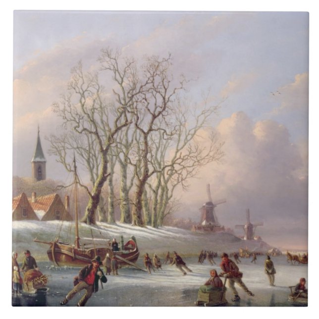 Skater på en djupfryst flod för Windmills (olja på Kakelplatta (Framsidan)