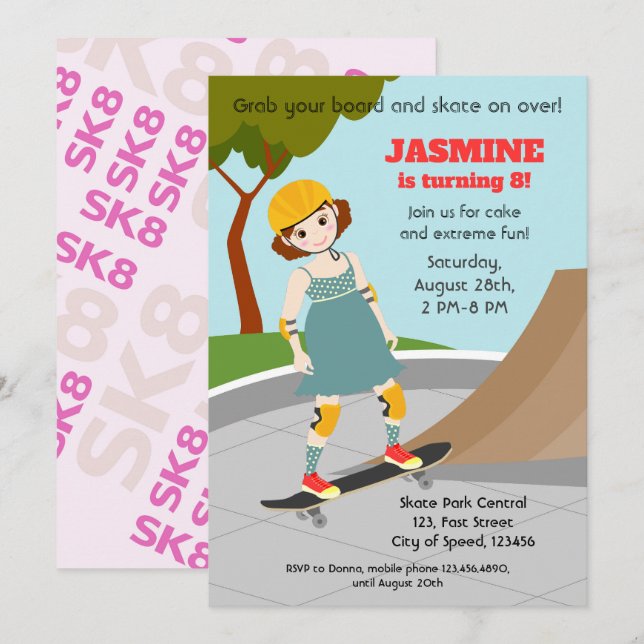 Skater Park Roligt Girl Födelsedagsfest Inbjudningar (Fram/baksida)