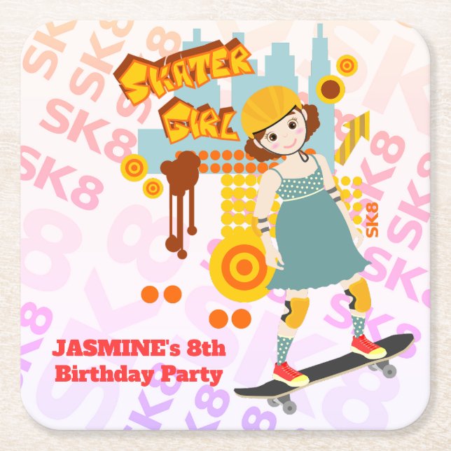 Skater Park Roligt Girl Födelsedagsfest Underlägg Papper Kvadrat (Framsidan)