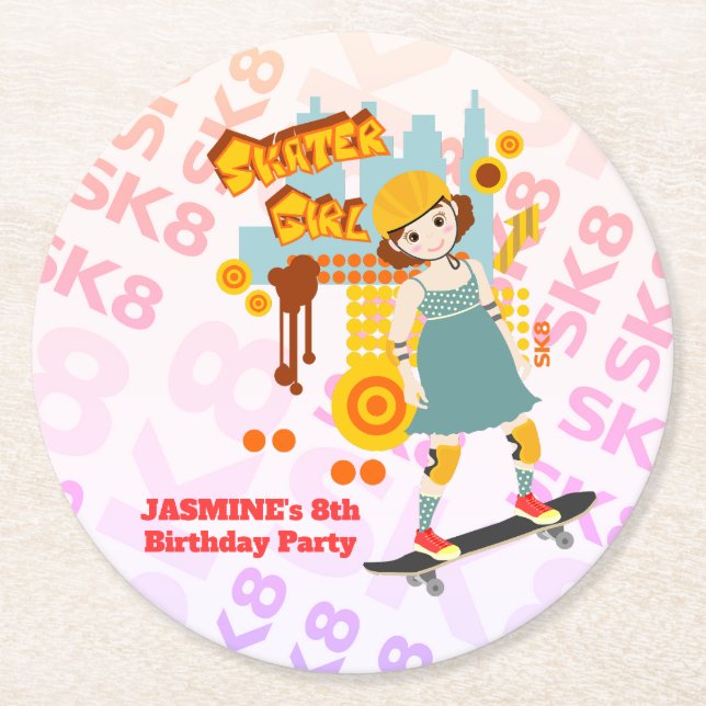 Skater Park Roligt Girl Födelsedagsfest Underlägg Papper Rund (Framsidan)