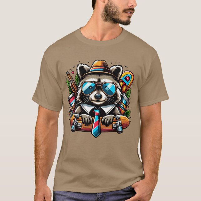 Skater Raccoon Coola Animal with Backpack and Skat T Shirt (Framsida)