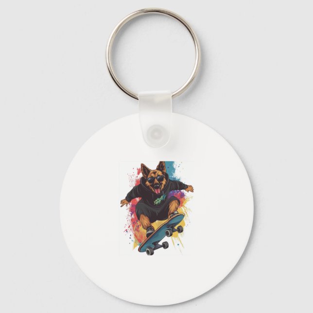 Skater Shepherd � Coola Skateboard Hund Nyckelring (Framsida)