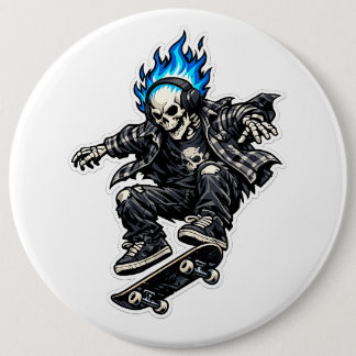 Skater Skelett med Blå Flamma Hår Klistermärke Knapp