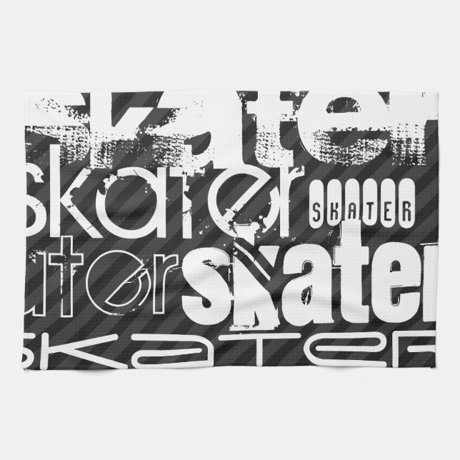 Skater; Svart och Mörk Grått Rand Kökshandduk (Horisontell)