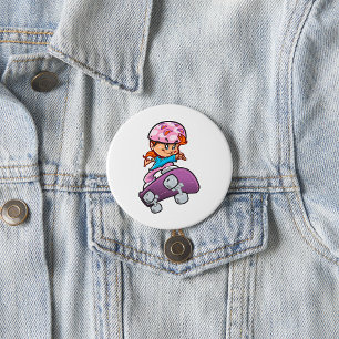 Skater Tjej Rolig Rosa Hjälm Skateboard Knapp