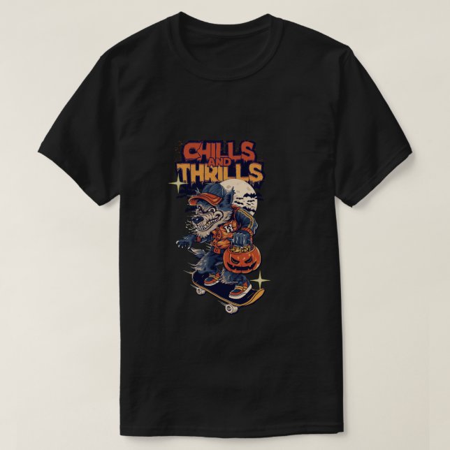 Skater Werevarg Halloween Chills och Thrills Retro T Shirt (Design framsida)
