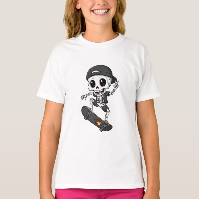 Skating Skelett Flame Skateboard Kids T Shirt (Framsida)