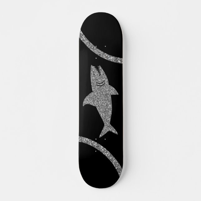 Skattavla för svart Shark Silver Glitter Mini Skateboard Bräda 18,5 Cm (Framsida)