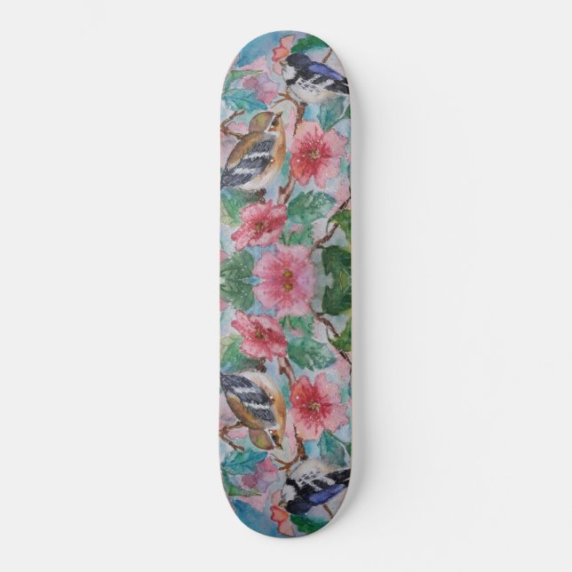 Skattbräda med flera fågelblommor - Målning Mini Skateboard Bräda 18,5 Cm (Framsida)