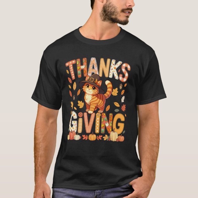 Skattebords Katt Söt Pilgrim Höst Löv Färgrik T Shirt (Framsida)