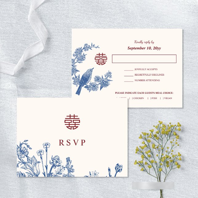 Skattsvart kinesisk bröllopsmatval RSVP-kort Spara Datumet (MaMagpie Chinese Wedding Food Choice RSVP card)