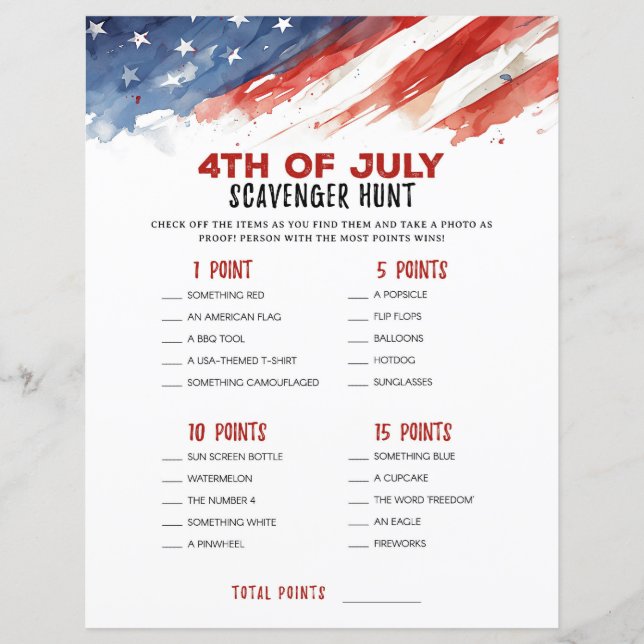 Skavenger Hunt 4:e juli Party-spelet (Framsida)