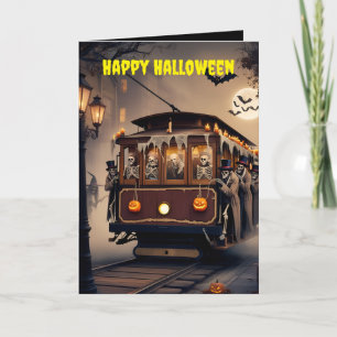 Skedlar som kör kabelbil vintage happy halloween kort