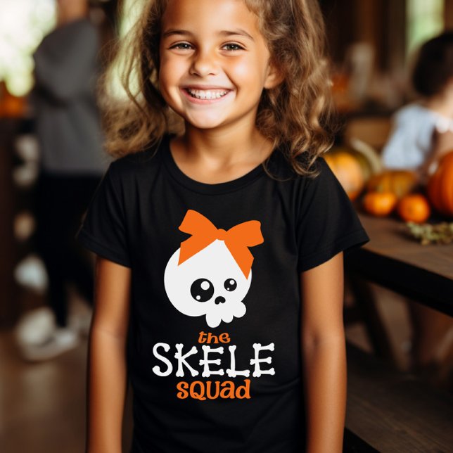Skele Squad Bow Halloween Family Kids Matching T Shirt (Skele Squad Matching Family Halloween shirts - Kids with bow)