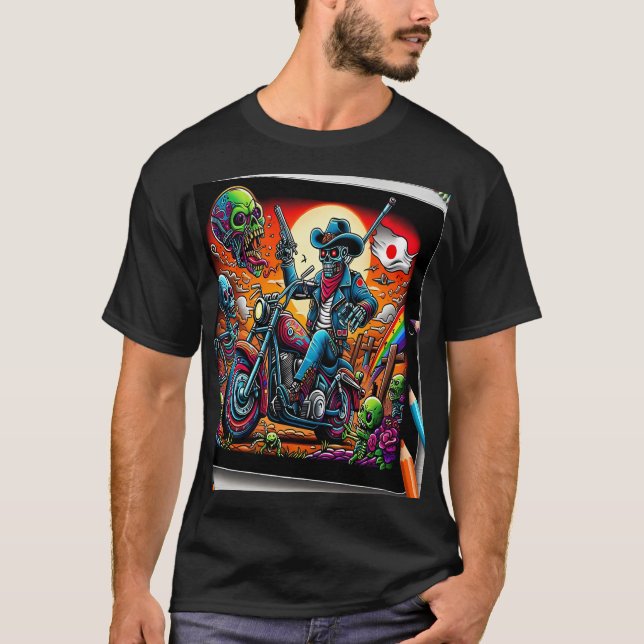 Skeletal Knight on Bike in Zombie Apocalypse T Shirt (Framsida)