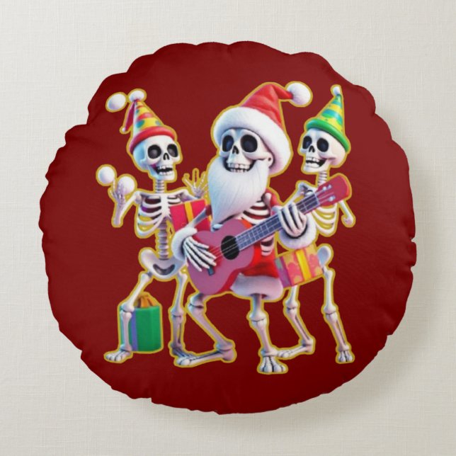 **Skeleton 3D Christm Santa Party – Funnyas Skelet Rund Kudde (Framsidan)