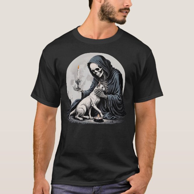 Skeleton And Cat Cute Kitten Halloween Spooky Full T Shirt (Framsida)