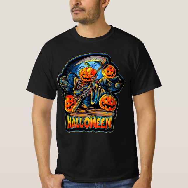 Skeleton Angel Död Halloween Pumpkin-Kråkor T Shirt (Framsida)
