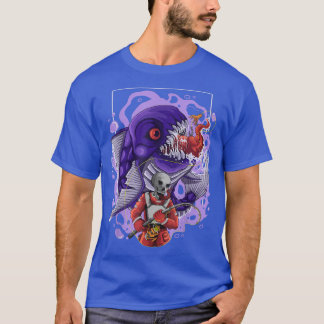 Skeleton attackerar en stor fiskenätsfiskare Pira T Shirt