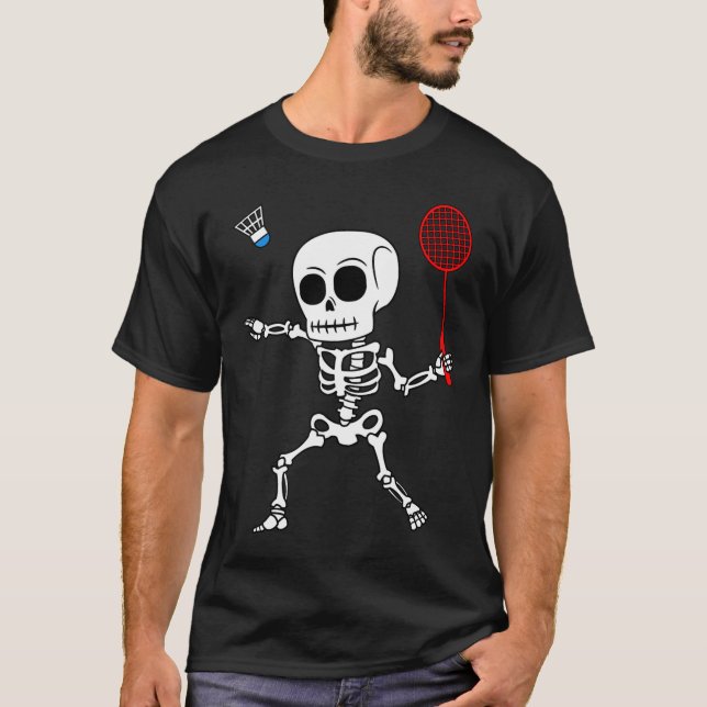 Skeleton Badminton Halloween Sash Shuttle Easy Co T Shirt (Framsida)