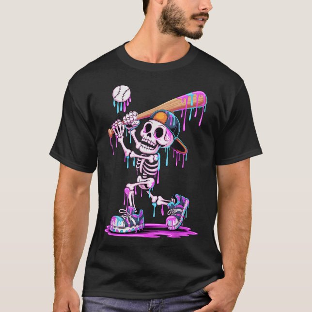 Skeleton Baseball Drip Boys Youth Kids Halloween T Shirt (Framsida)
