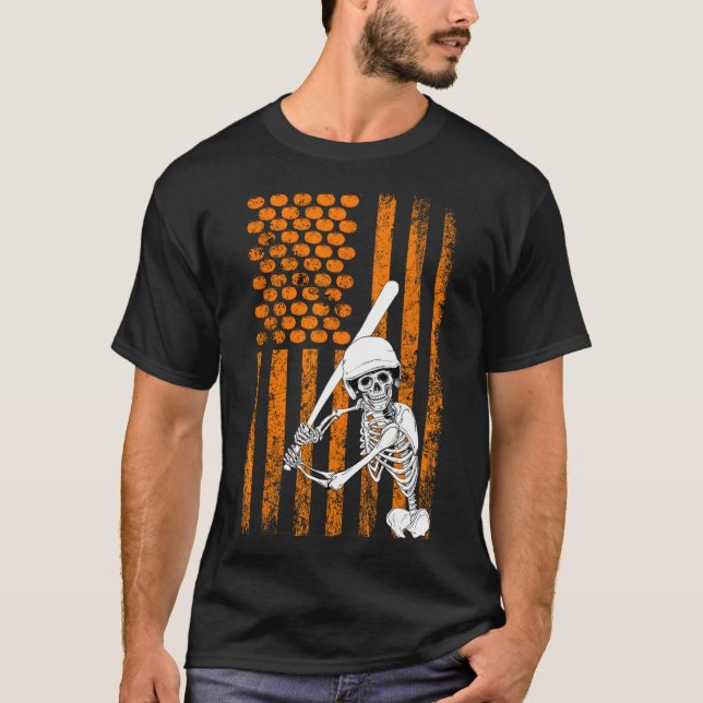 Skeleton Baseball Player Fläkt Skeleton Halloween  T Shirt (Framsida)