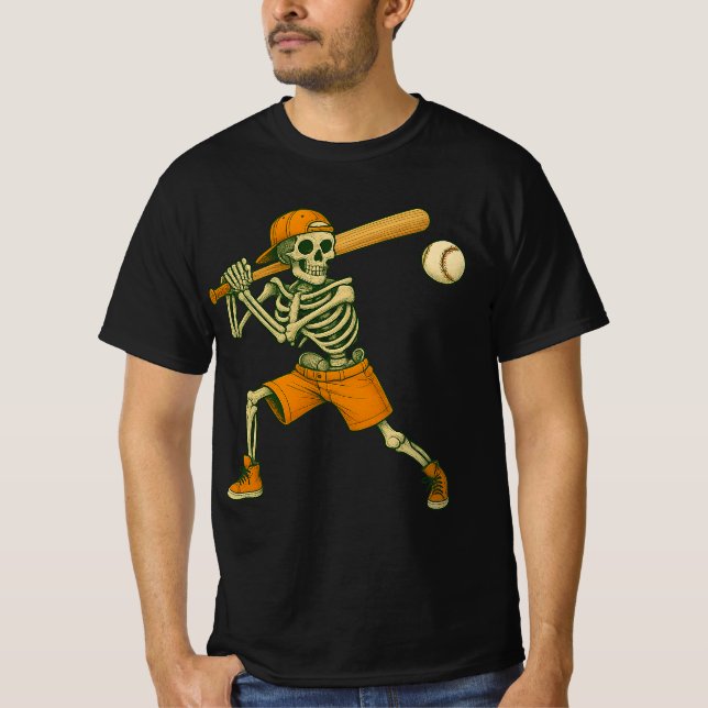 Skeleton Batting Baseball Halloween Mens Womens Ki T Shirt (Framsida)