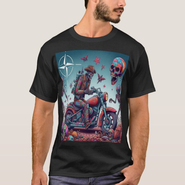 Skeleton Biker in Surreal Psychedelic World T Shirt (Framsida)