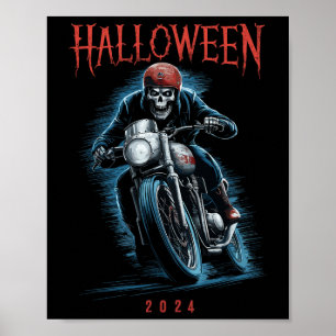 Skeleton Biker på motorcykel Halloween 2024 Spooky Poster