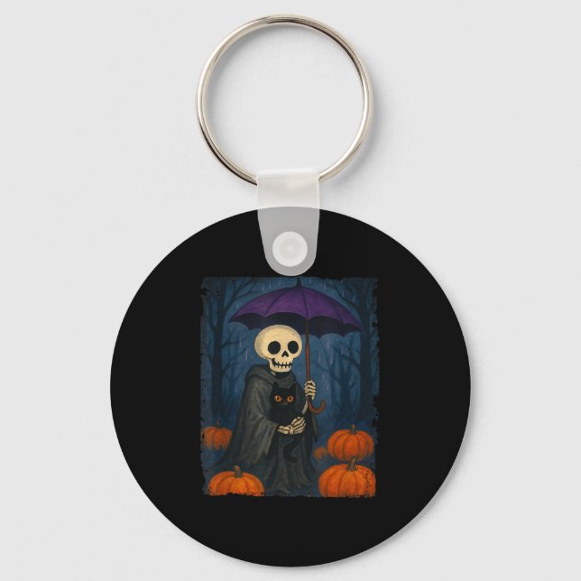 Skeleton Black Cat Lila Umbrella Pumpkin Hallowed Nyckelring (Framsida)