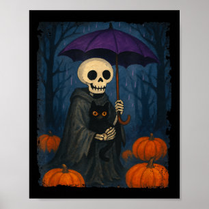Skeleton Black Cat Lila Umbrella Pumpkin Hallowed Poster
