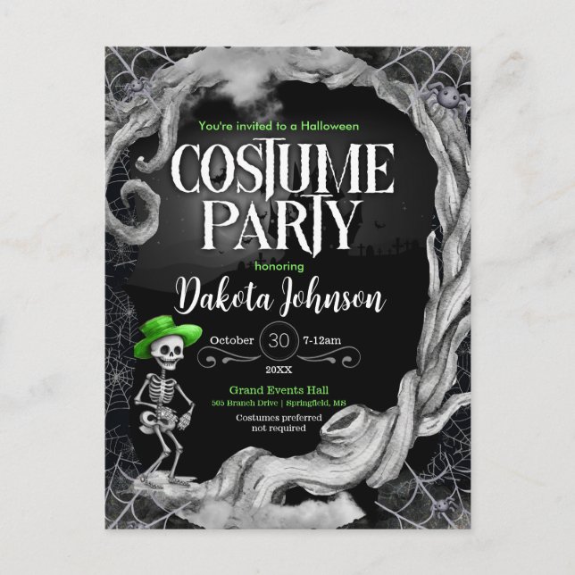 Skeleton Black Halloween Costume Party-inbjudan Inbjudan Vykort (Framsida)