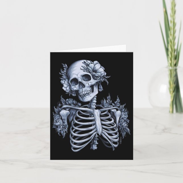 Skeleton Blommigt Skull Halloween Gothic Occult Wo Kort (Framsida)