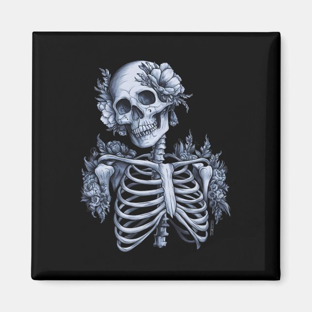 Skeleton Blommigt Skull Halloween Gothic Occult Wo Magnet (Framsidan)