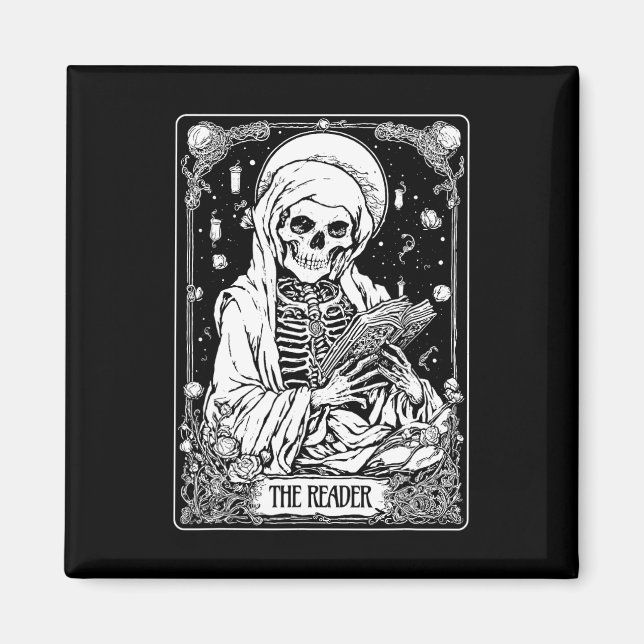 Skeleton Bookish Halloween S-läsarens Tarot Card Magnet (Framsidan)
