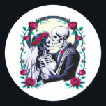 Skeleton Bride and Groom Gothic Runt Klistermärke<br><div class="desc">Add a hauntingly romantic touch to your wedding invitations, favors, or thank-you cards with this gothic skeleton bride and groom round sticker. Perfect for Halloween-themed weddings, spooky events, or alternative couples who want their love story to stand out. Featuring a detailed skull couple embraced by blooming roses and a luminous...</div>