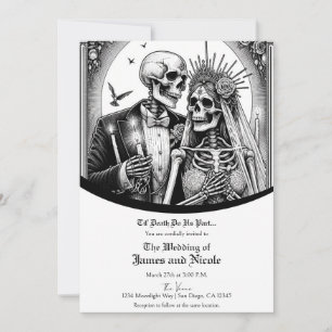 Skeleton Bride & Groom Black White Vintage bröllop Inbjudningar