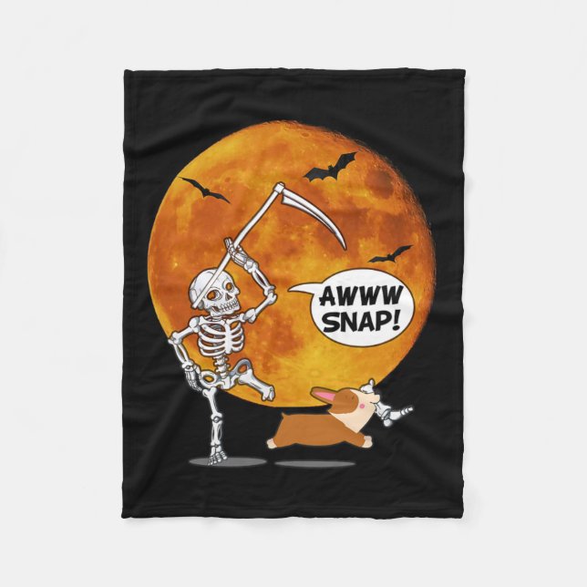 Skeleton Brken Leg Halloween Corgi Reaper Scythe Fleecefilt (Framsidan)