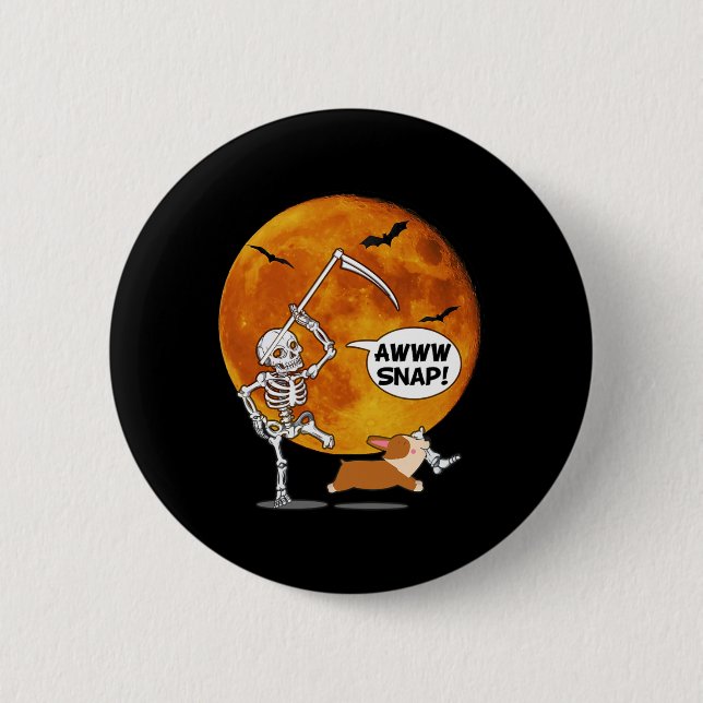 Skeleton Brken Leg Halloween Corgi Reaper Scythe Knapp (Framsida)